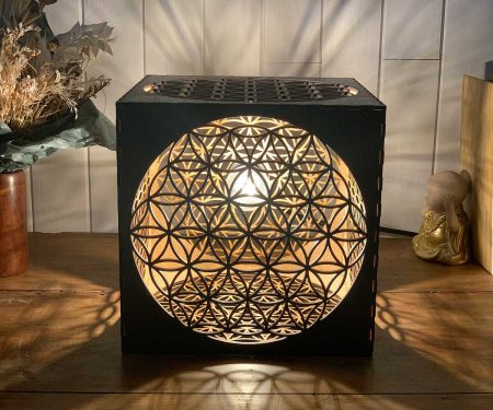 Lampe cube Fleur de vie Bronze Taille L de face