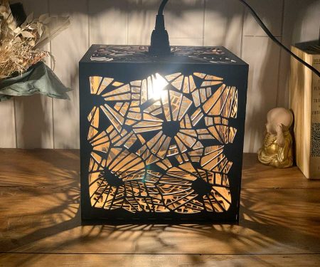 Lampe cube Ombres Chinoises Bronze allumée zoomée