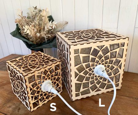 Deux Lampe cube Mandala Paix Bois naturel Tailles S et L