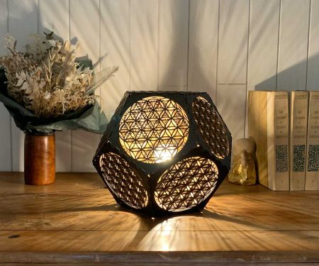 Lampe dodécaèdre Fleur de vie Bronze Taille M allumée